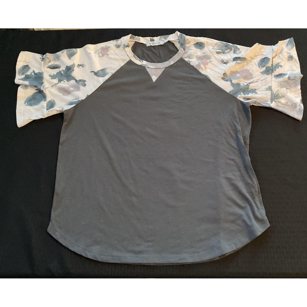 MISSLOOK Shirt Womens Large Gray White Floral Raglan Bell Sleeve Casual Top